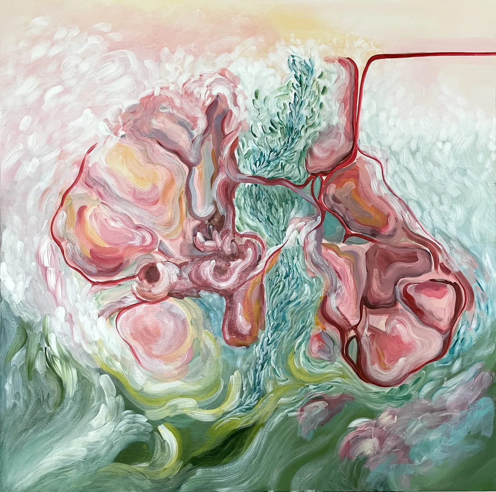 Abstract painting with organic, terrain-like forms and rich textures